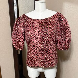 Rebecca Taylor Leopard Print Puff Sleeve Top - 12